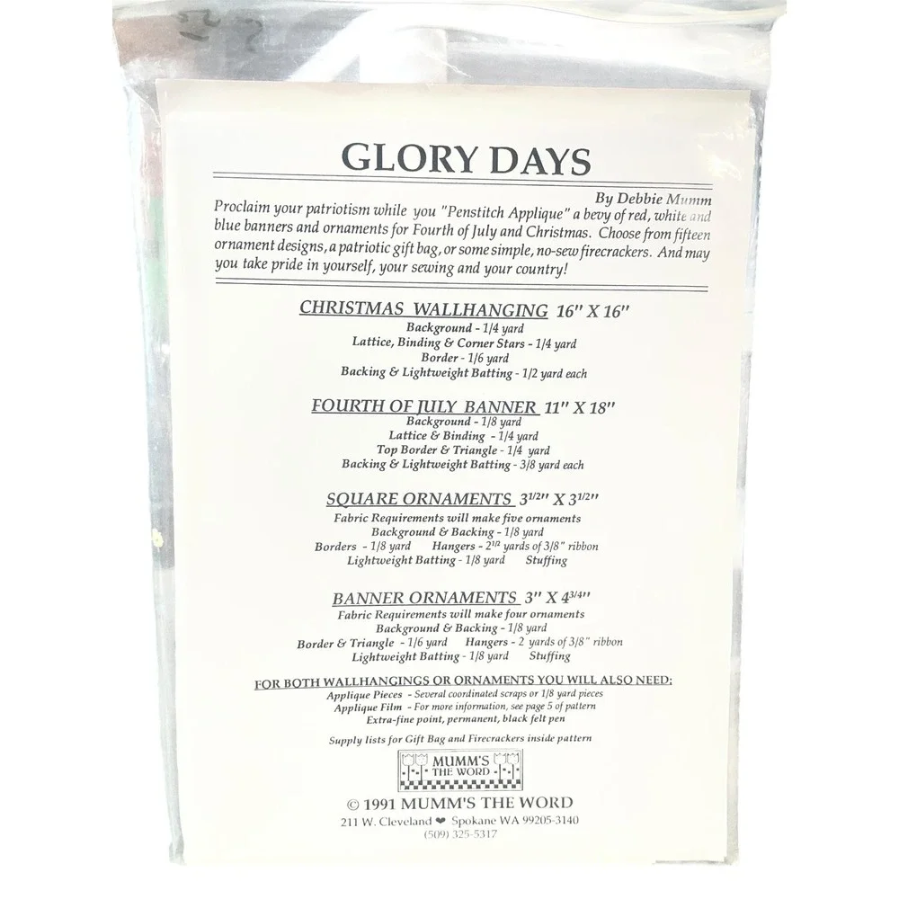 Mumm's The Word GLORY DAYS Christmas Wallhanging 4th of July Banner 1991